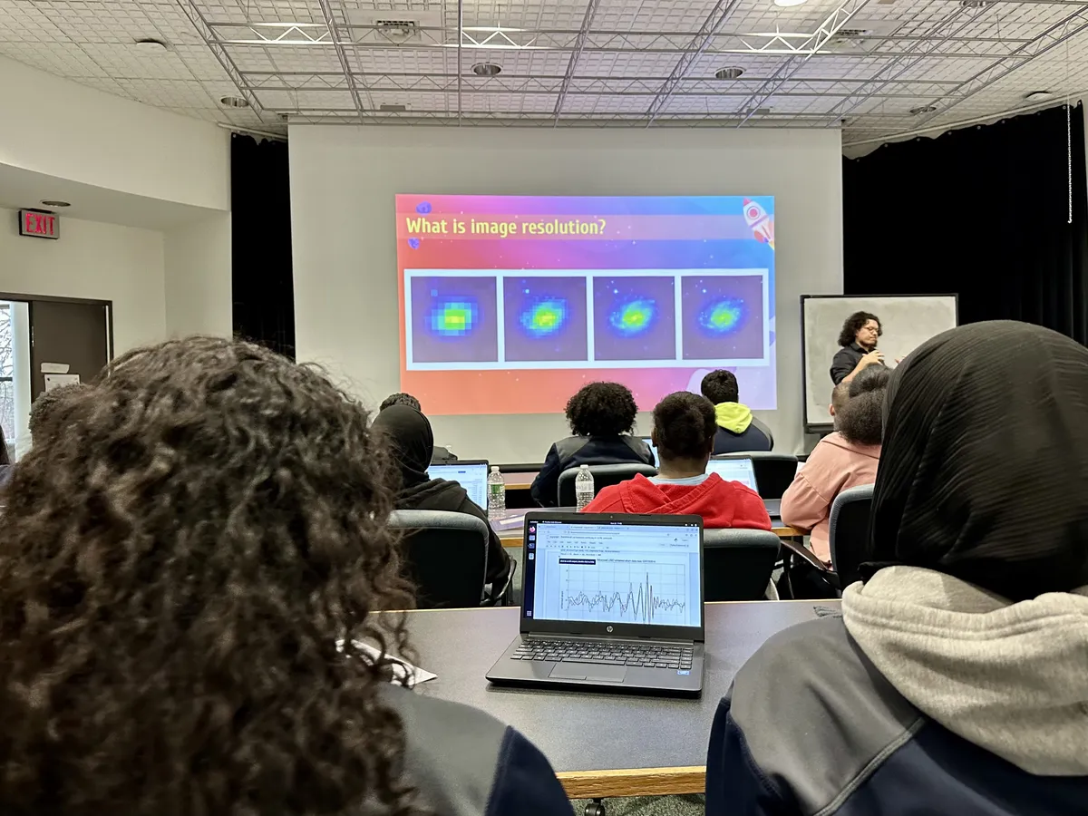 Introductory Astronomy Workshop session, with slides projected at the front of the classroom